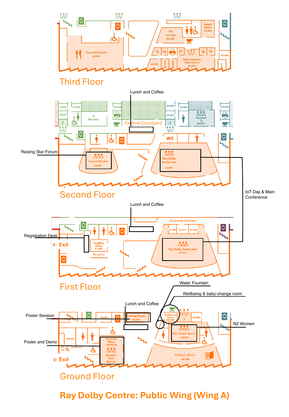 Ray Dolby Centre floor plan — Public Wing (Wing A), all four floors