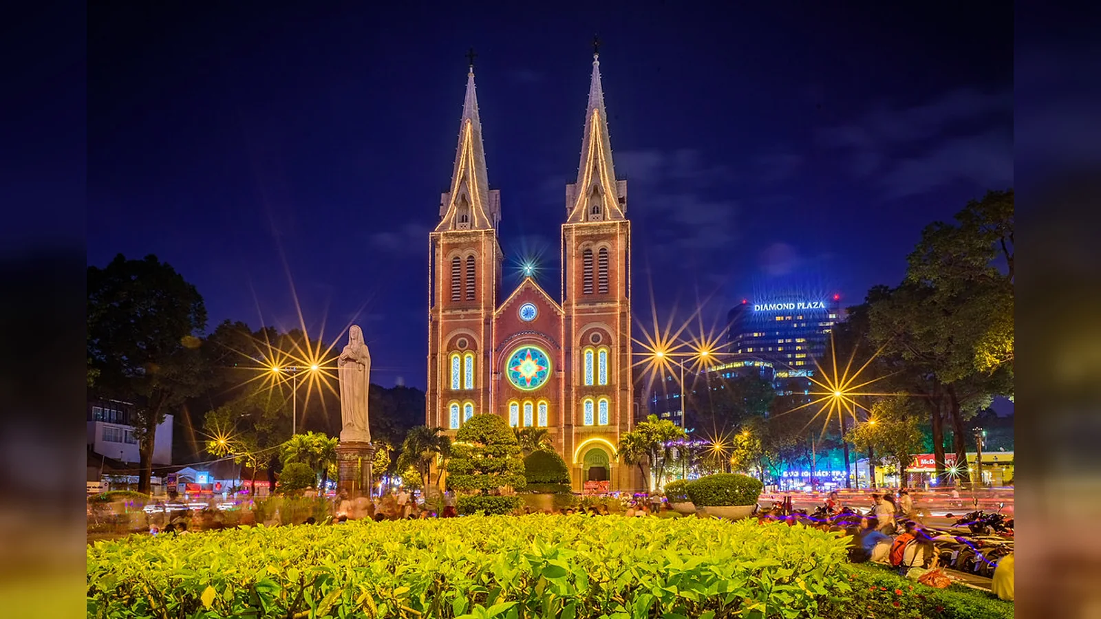Front view of Notre-Dame Cathedral Basilica of Saigon at night