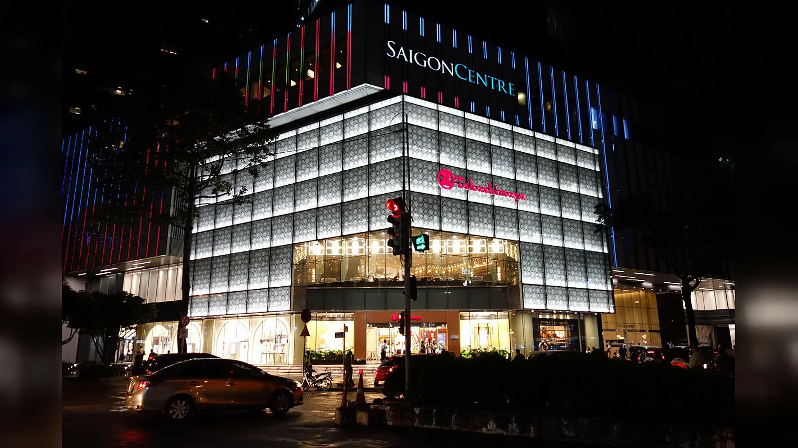 Exterior of Saigon Centre and Takashimaya at night